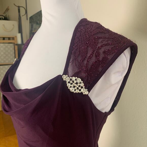 R&M Richards Petite Sz 10P Ruched Bum Long Dress Rhinestone Plum Wine Cocktail - Picture 7 of 16